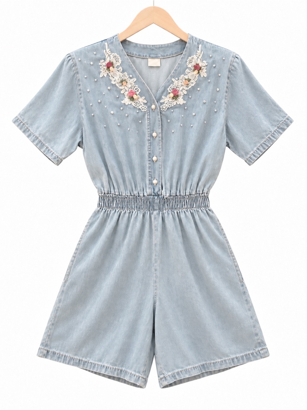 Vtg 80s Denim Romper Floral Lace Pearls rhinestones Shoulder Pads Cottagecore L